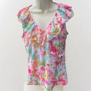 CHAPS Ralph Lauren Women Top Medium Sleeveless V-Neck Ruffle Pastel Color Splash